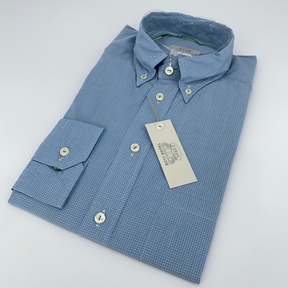 Eton Dress Shirt Mens M-39 Blue Check Trunk Club Contemporary Collared Button Up